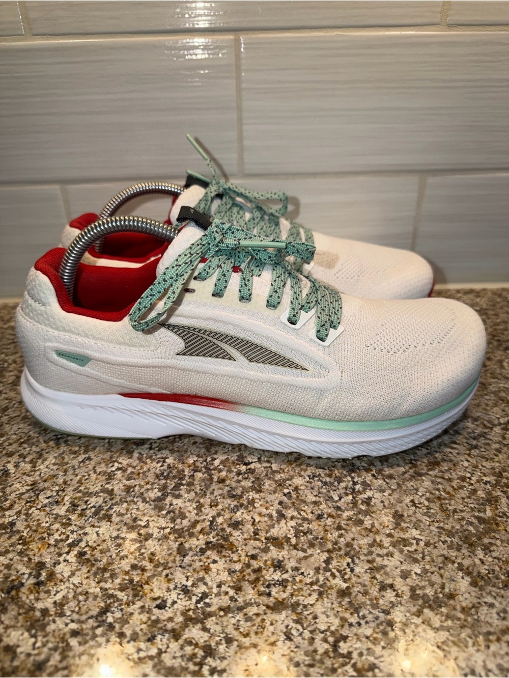 Altra Women's Escalante White Running Shoes with Mint Laces and Red Accents